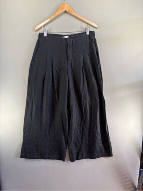 Lanhtropy Linen Pants Womens Large Wide Leg Pleated Elastic Waist Black